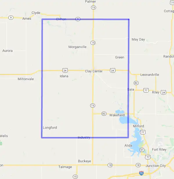 County level USDA loan eligibility boundaries for Clay, Kansas