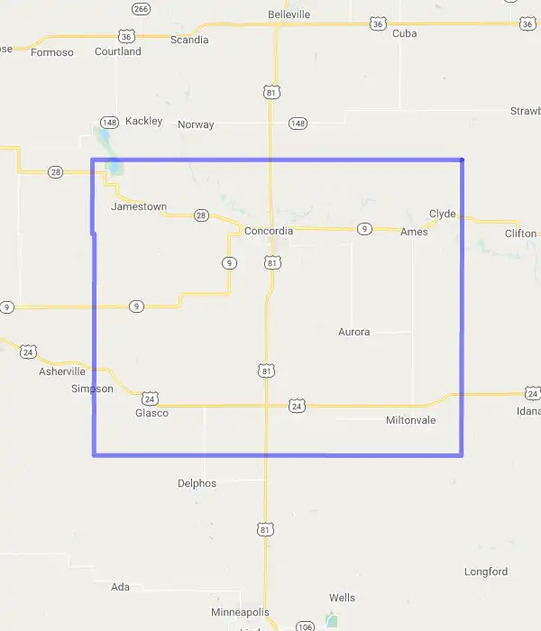 County level USDA loan eligibility boundaries for Cloud, Kansas