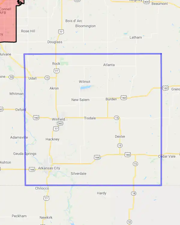 County level USDA loan eligibility boundaries for Cowley, Kansas