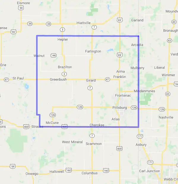 County level USDA loan eligibility boundaries for Crawford, KS