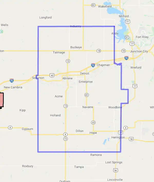 County level USDA loan eligibility boundaries for Dickinson, Kansas