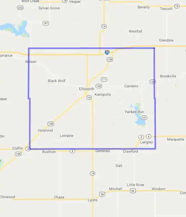 County level USDA loan eligibility boundaries for Ellsworth, Kansas