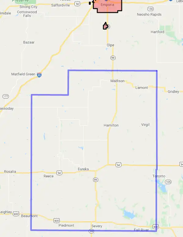 County level USDA loan eligibility boundaries for Greenwood, Kansas