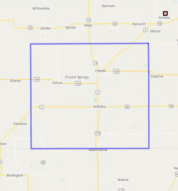 County level USDA loan eligibility boundaries for Harper, Kansas