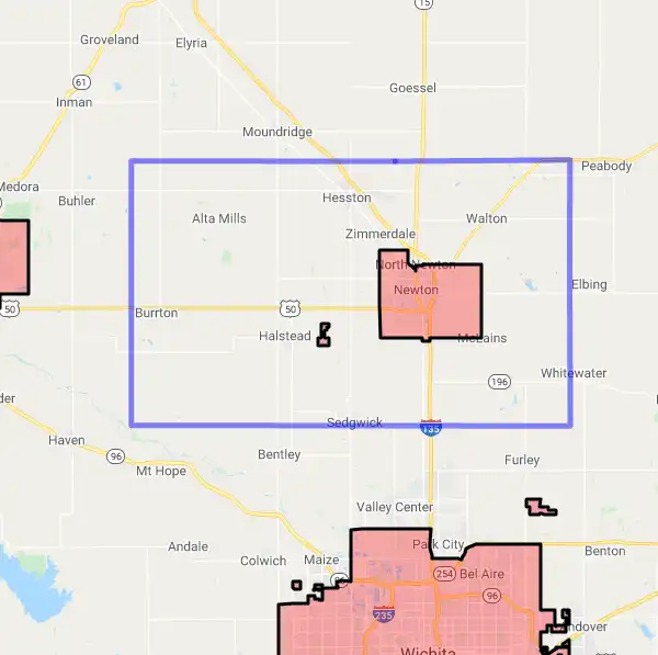 County level USDA loan eligibility boundaries for Harvey, Kansas