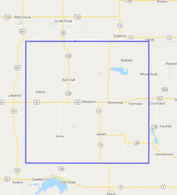 County level USDA loan eligibility boundaries for Jewell, Kansas