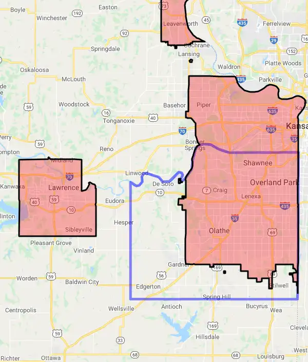 County level USDA loan eligibility boundaries for Johnson, Kansas