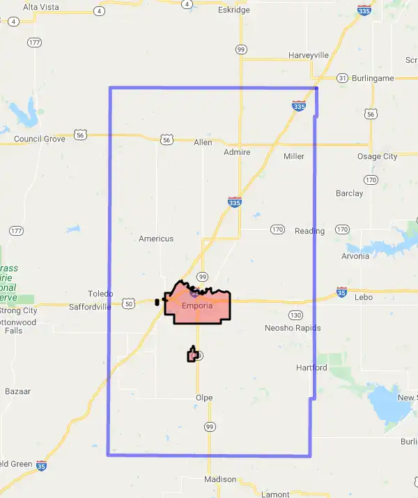County level USDA loan eligibility boundaries for Lyon, Kansas
