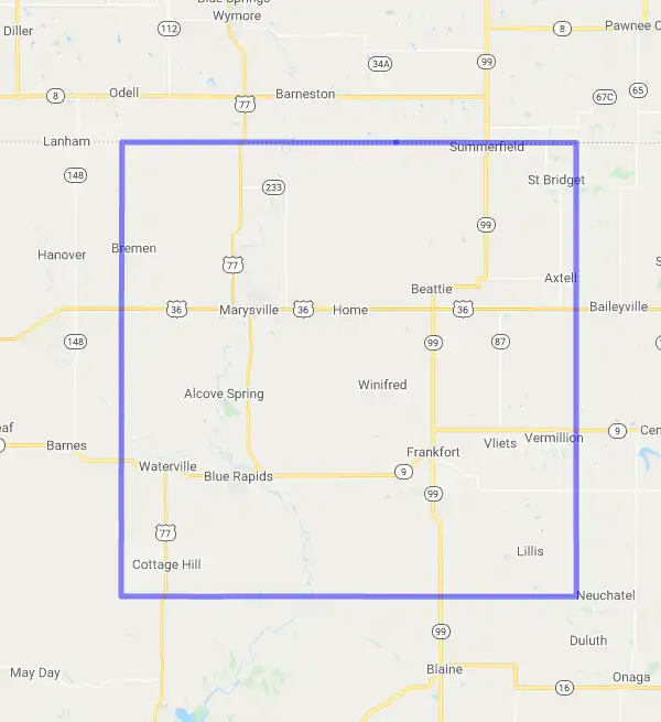 County level USDA loan eligibility boundaries for Marshall, Kansas