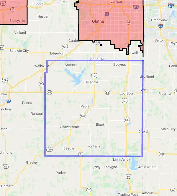 County level USDA loan eligibility boundaries for Miami, Kansas