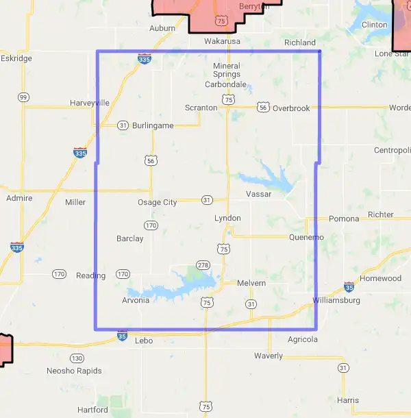 County level USDA loan eligibility boundaries for Osage, Kansas