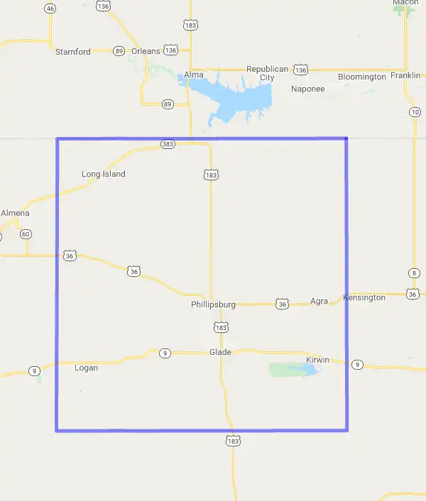 County level USDA loan eligibility boundaries for Phillips, Kansas
