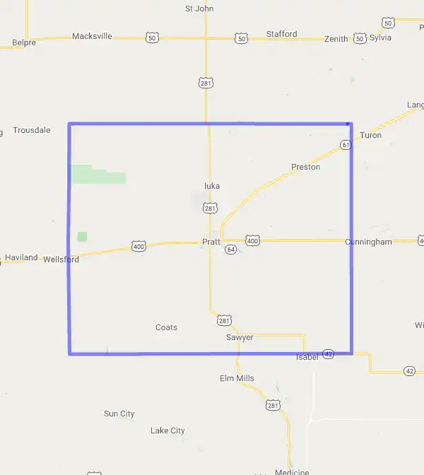 County level USDA loan eligibility boundaries for Pratt, Kansas