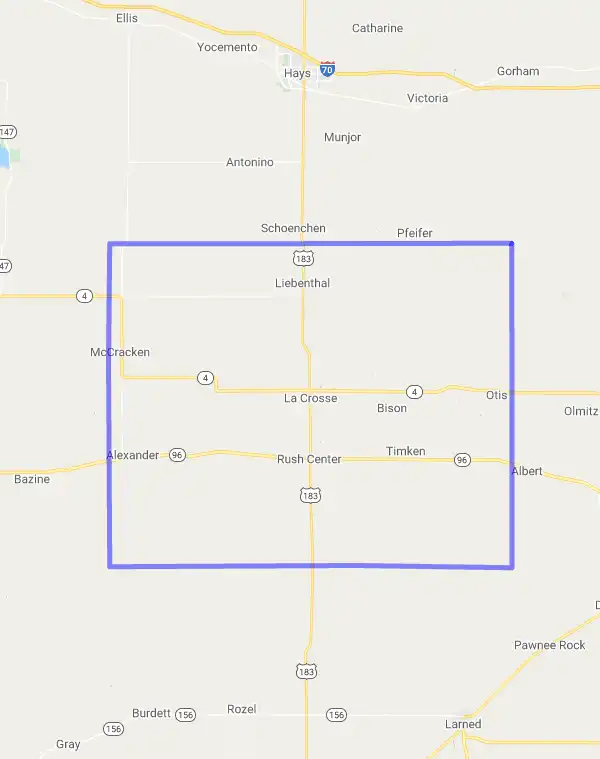 County level USDA loan eligibility boundaries for Rush, Kansas