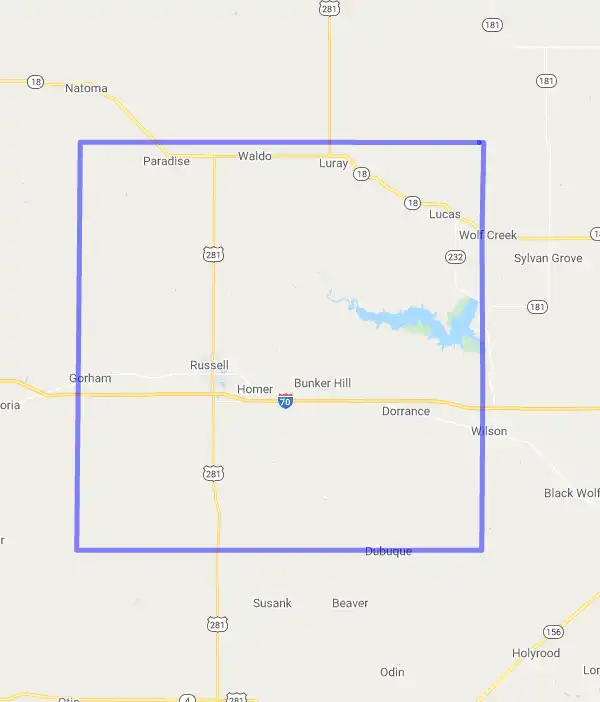 County level USDA loan eligibility boundaries for Russell, Kansas