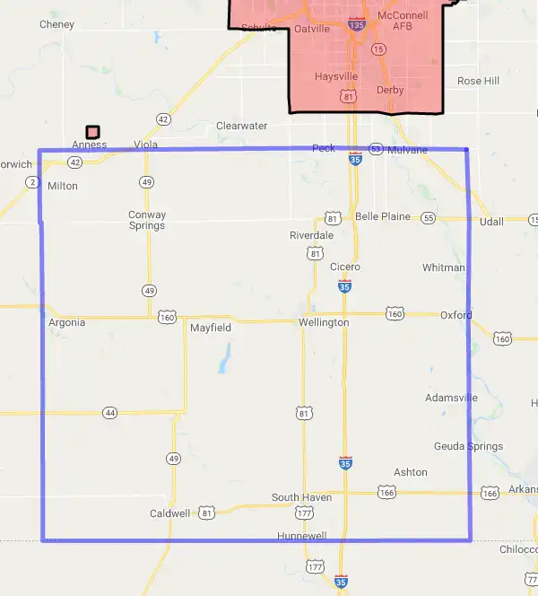 County level USDA loan eligibility boundaries for Sumner, KS