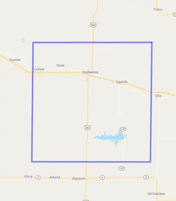 County level USDA loan eligibility boundaries for Trego, Kansas