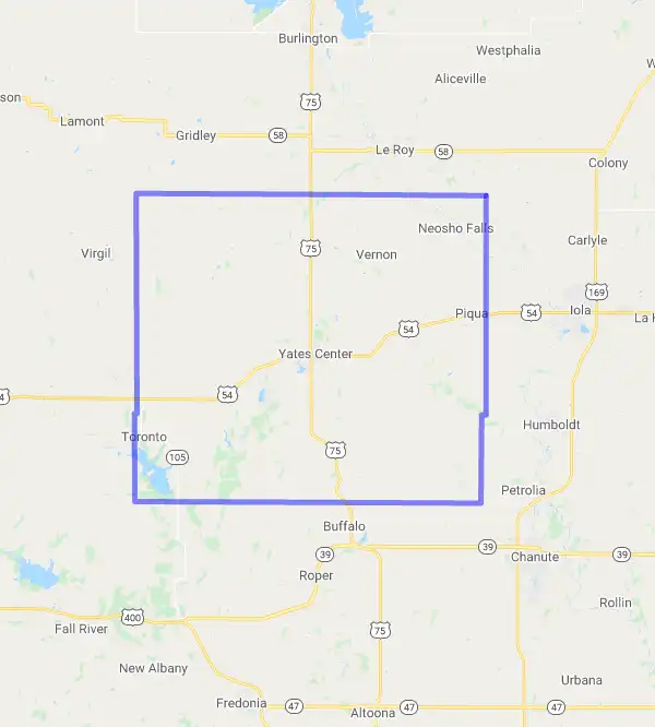 County level USDA loan eligibility boundaries for Woodson, KS