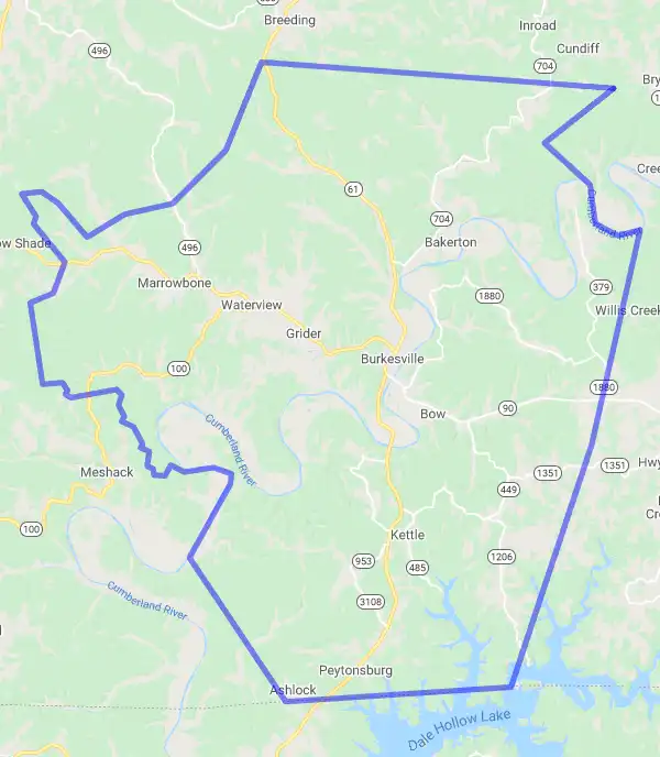 County level USDA loan eligibility boundaries for Cumberland, Kentucky