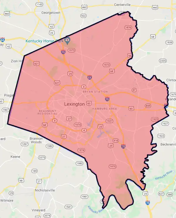County level USDA loan eligibility boundaries for Fayette, Kentucky