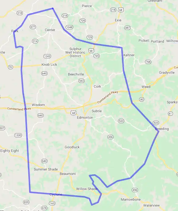County level USDA loan eligibility boundaries for Metcalfe, Kentucky