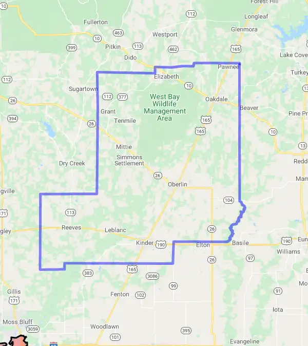 Parish level USDA loan eligibility boundaries for Allen, Louisiana