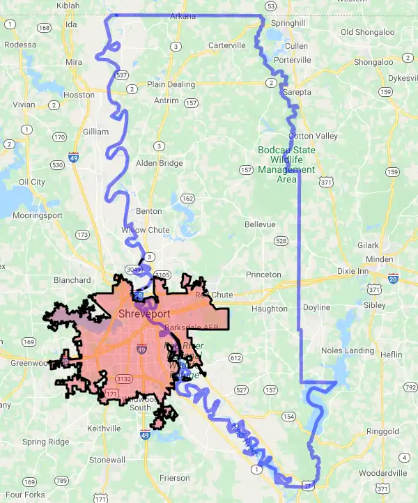 Parish level USDA loan eligibility boundaries for Bossier, Louisiana