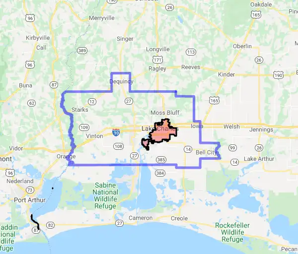 Parish level USDA loan eligibility boundaries for Calcasieu, Louisiana