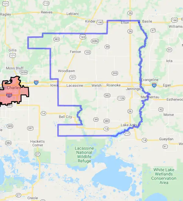 Parish level USDA loan eligibility boundaries for Jefferson Davis, Louisiana