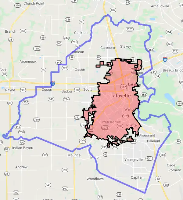 Parish level USDA loan eligibility boundaries for Lafayette, Louisiana