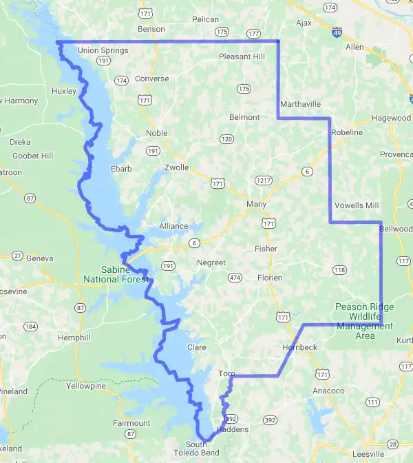 Parish level USDA loan eligibility boundaries for Sabine, Louisiana