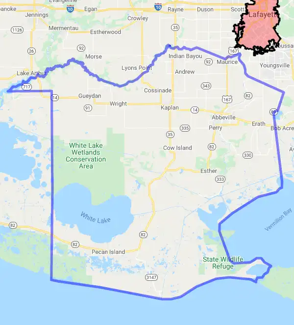 Parish level USDA loan eligibility boundaries for Vermilion, Louisiana