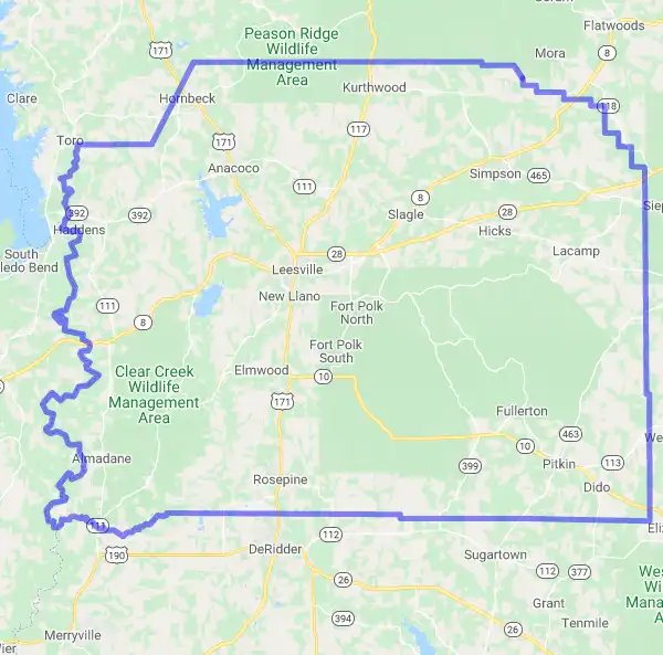 Parish level USDA loan eligibility boundaries for Vernon, Louisiana