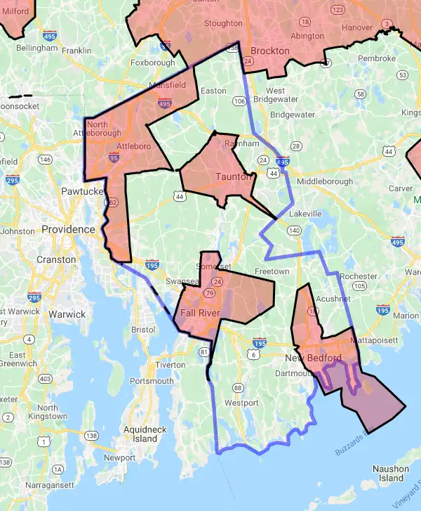 County level USDA loan eligibility boundaries for Bristol, Massachusetts