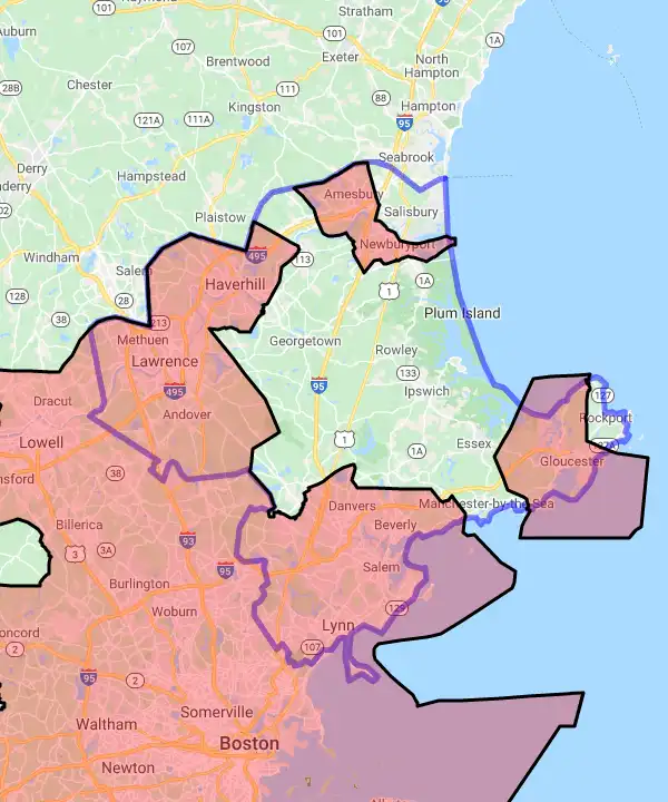 County level USDA loan eligibility boundaries for Essex, Massachusetts