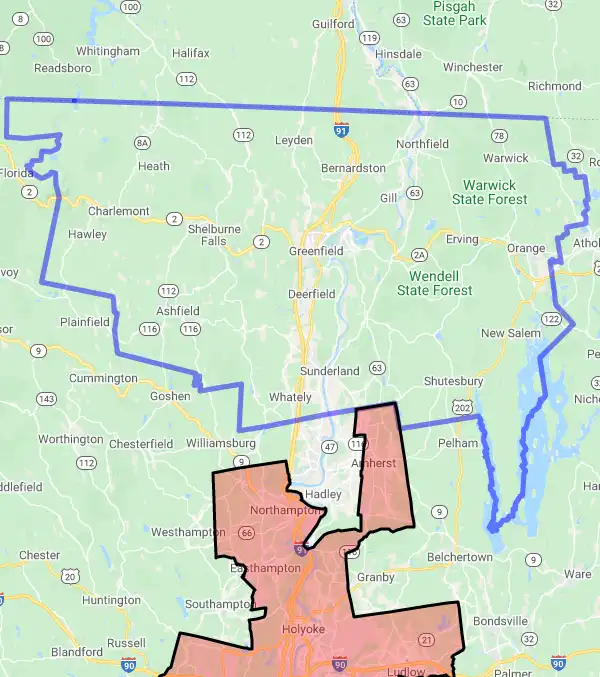 County level USDA loan eligibility boundaries for Franklin, Massachusetts