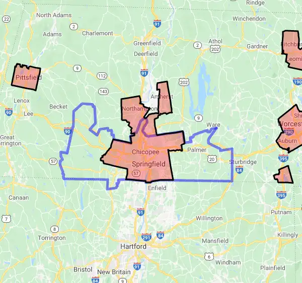 County level USDA loan eligibility boundaries for Hampden, Massachusetts