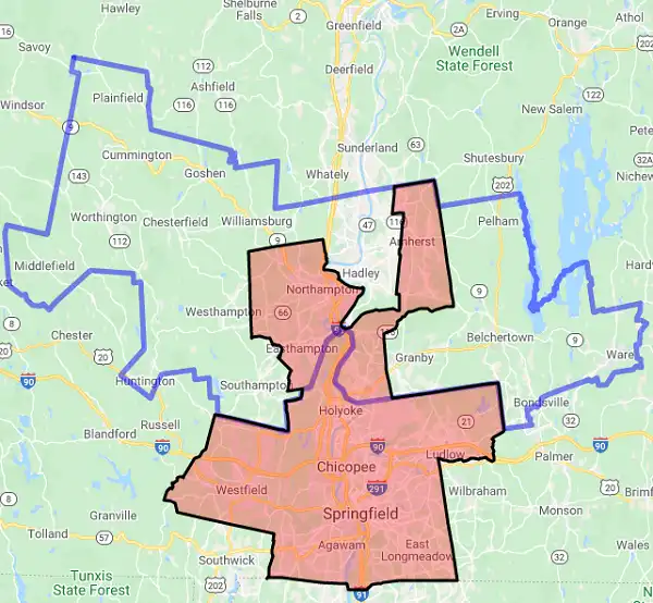 County level USDA loan eligibility boundaries for Hampshire, MA