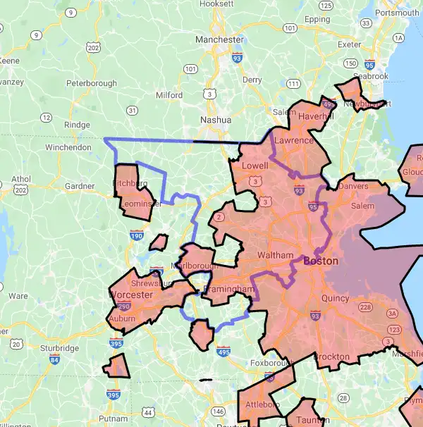 County level USDA loan eligibility boundaries for Middlesex, Massachusetts
