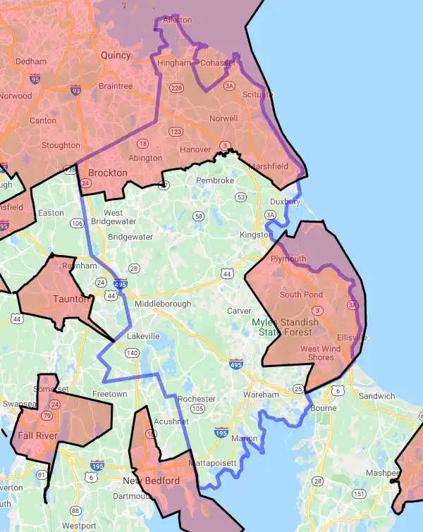 County level USDA loan eligibility boundaries for Plymouth, Massachusetts