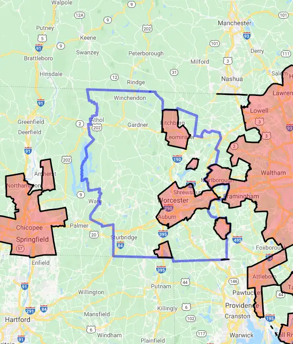 County level USDA loan eligibility boundaries for Worcester, Massachusetts
