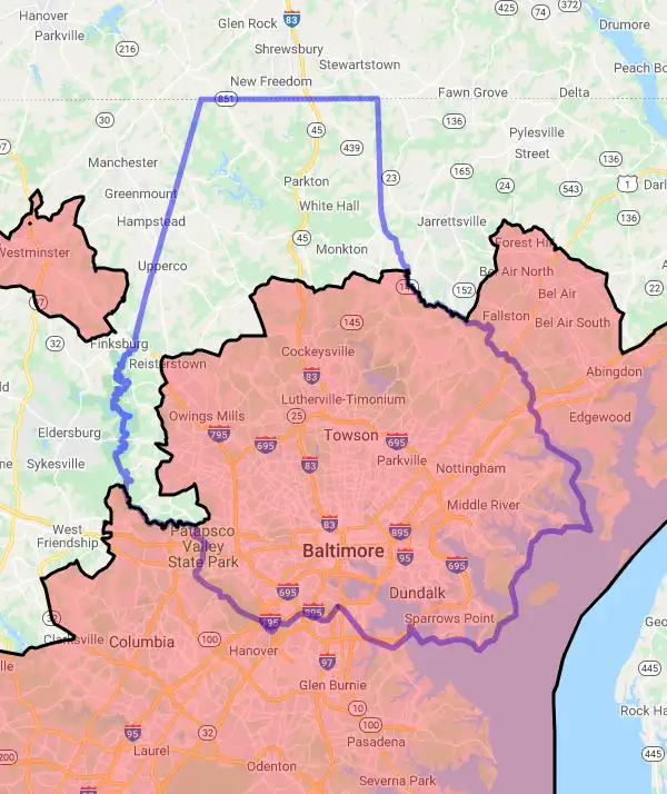 County level USDA loan eligibility boundaries for Baltimore, Maryland