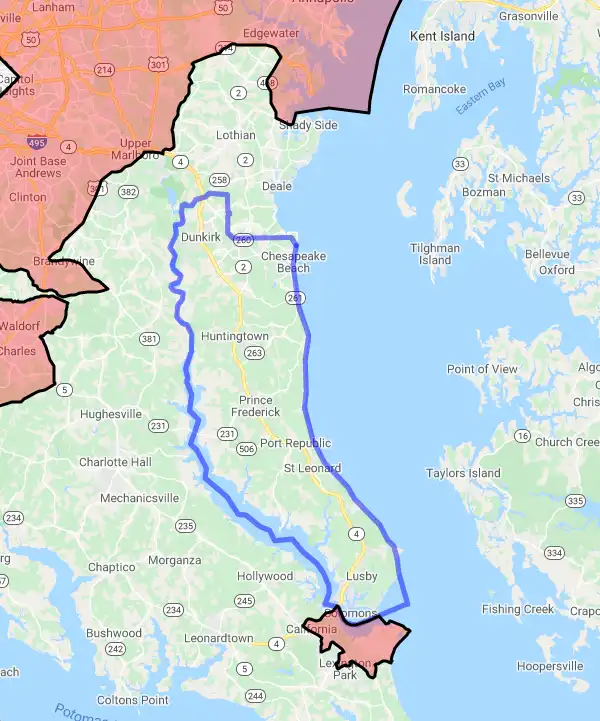 County level USDA loan eligibility boundaries for Calvert, Maryland