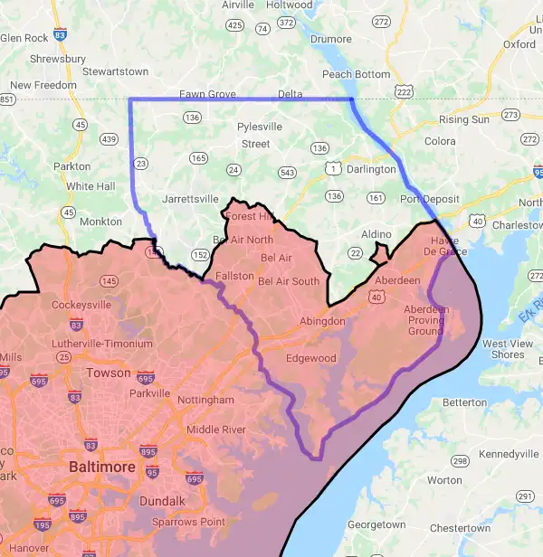 County level USDA loan eligibility boundaries for Harford, Maryland