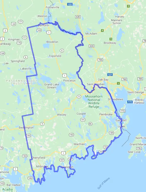 County level USDA loan eligibility boundaries for Washington, Maine