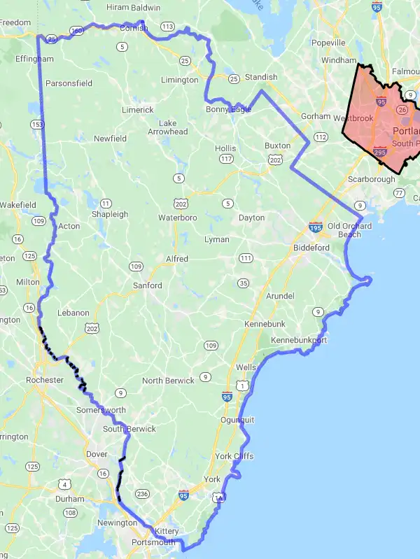 County level USDA loan eligibility boundaries for York, Maine