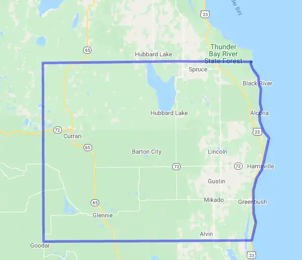 County level USDA loan eligibility boundaries for Alcona, Michigan