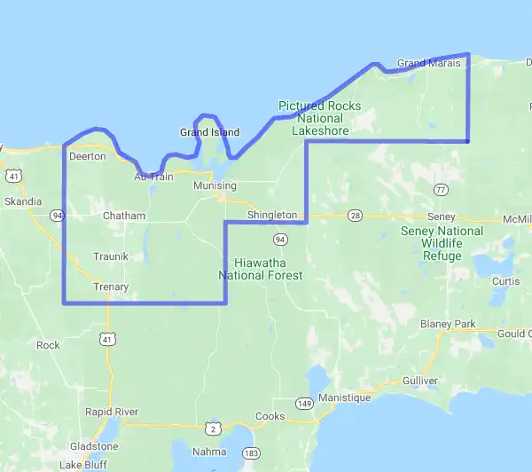 County level USDA loan eligibility boundaries for Alger, Michigan