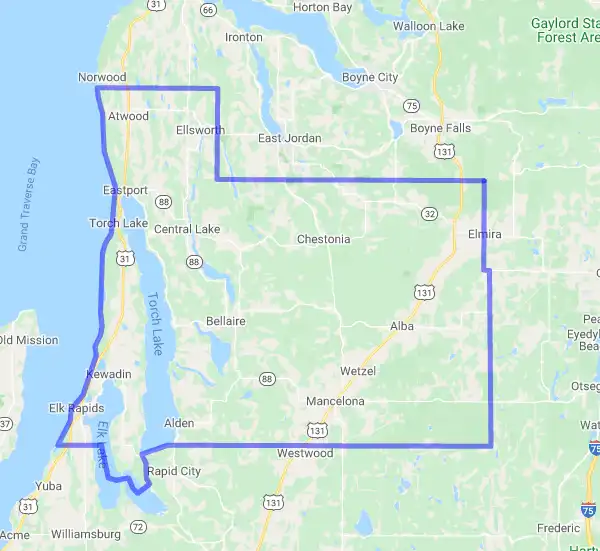 County level USDA loan eligibility boundaries for Antrim, Michigan