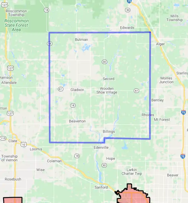 County level USDA loan eligibility boundaries for Gladwin, Michigan
